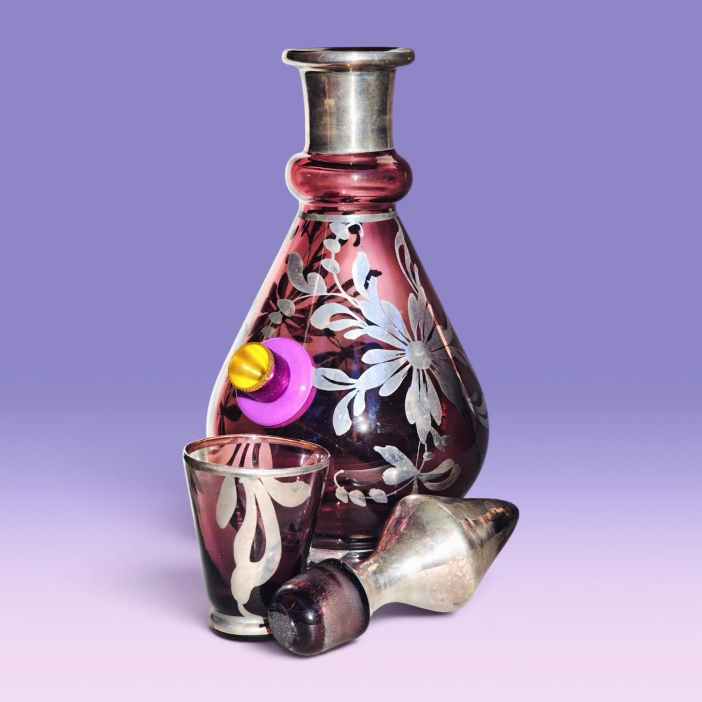 1970s italian 925 silver and amethyst glass decanter bong set with 6 matching shot glasses