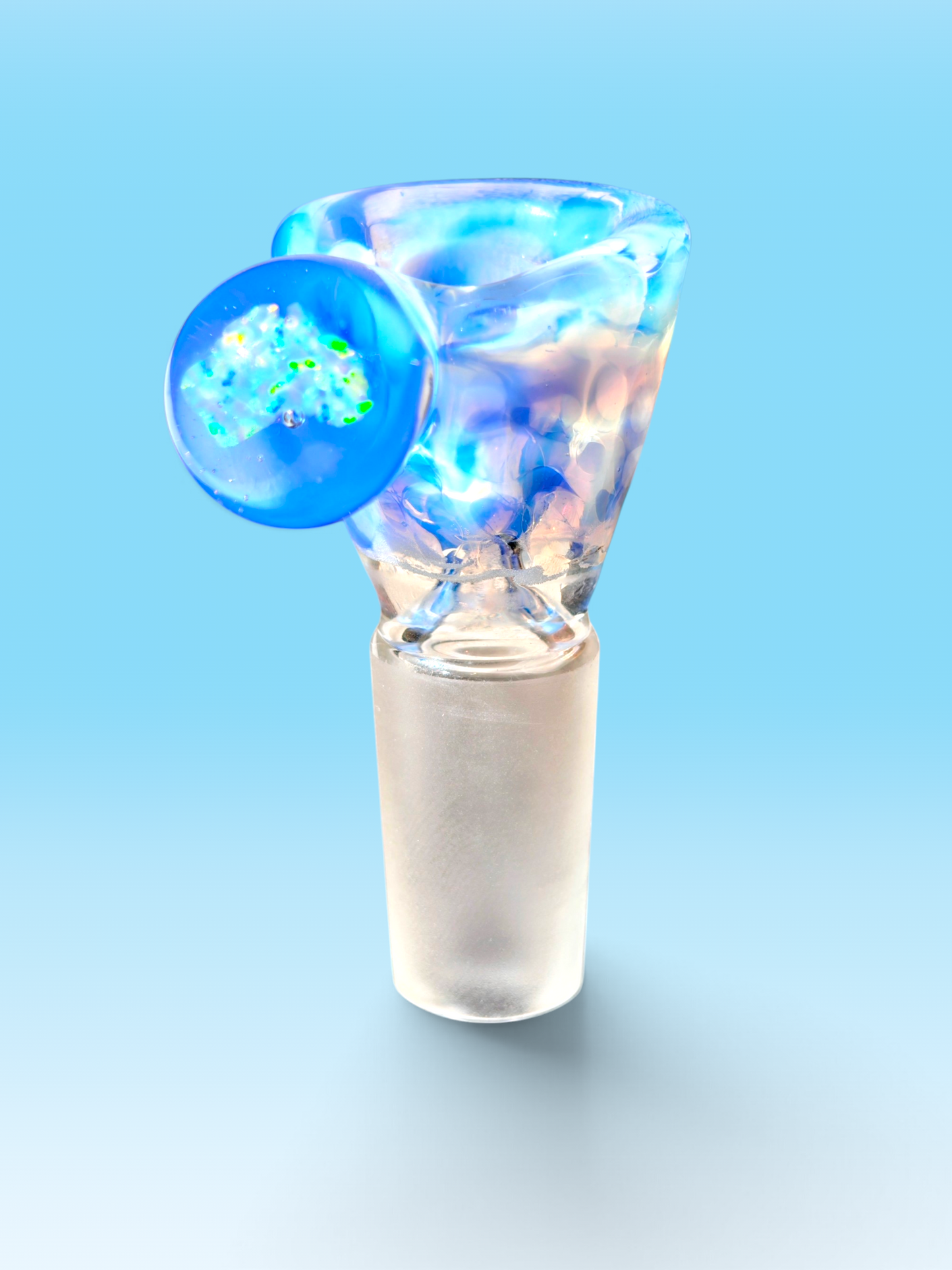 hand blown blue and white 14mm bowl with an australian shaped opal handle