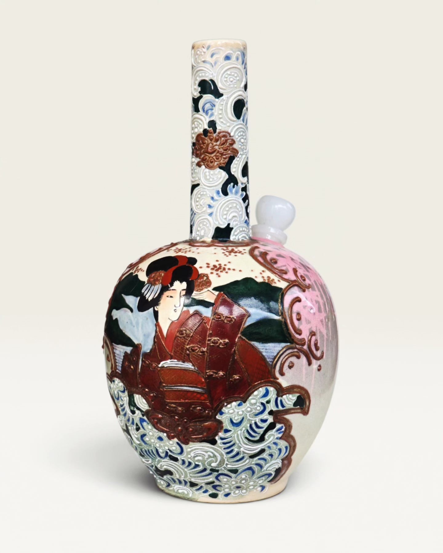 meji era japanese satsuma ceramic vase with heavy and extensive moriage bong