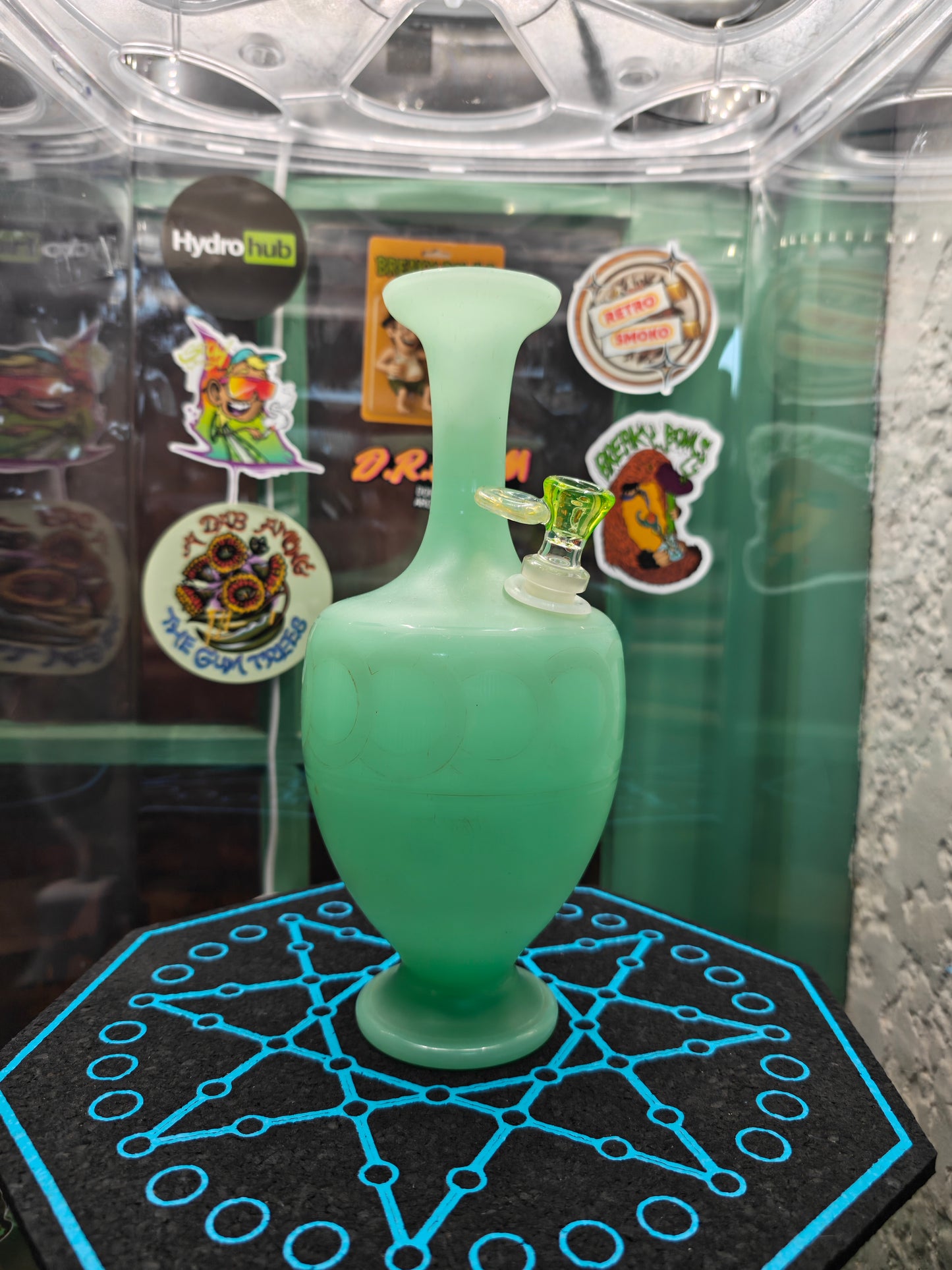 1890s french jadeite uranium glass bong with hand blown UV stem and bowl