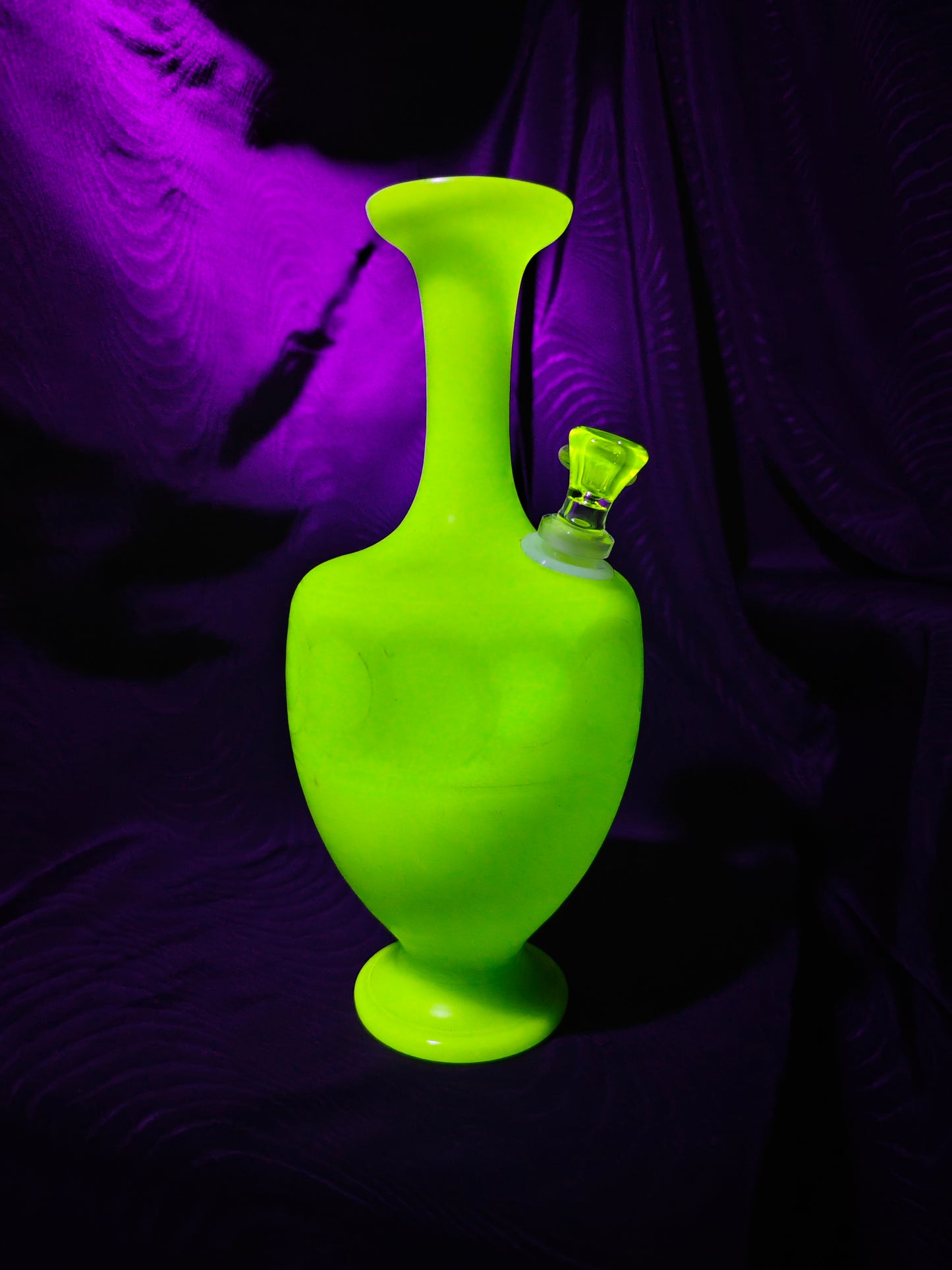 1890s french jadeite uranium glass bong with hand blown UV stem and bowl