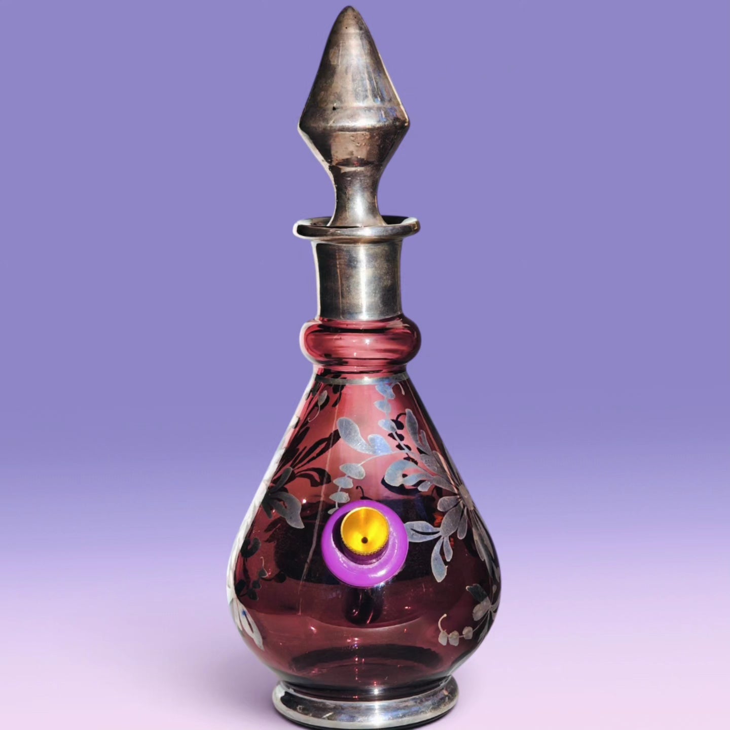 1970s italian 925 silver and amethyst glass decanter bong set with 6 matching shot glasses