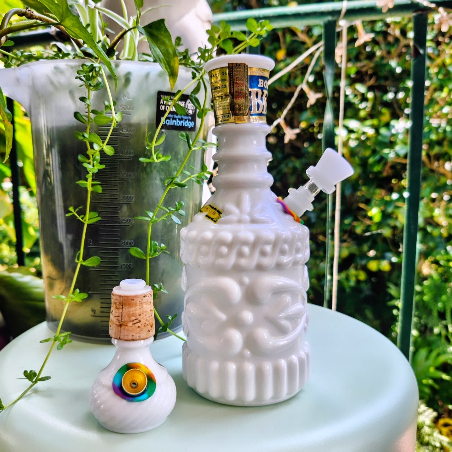 1970s regal beams milk glass decanter 2 in 1 bong