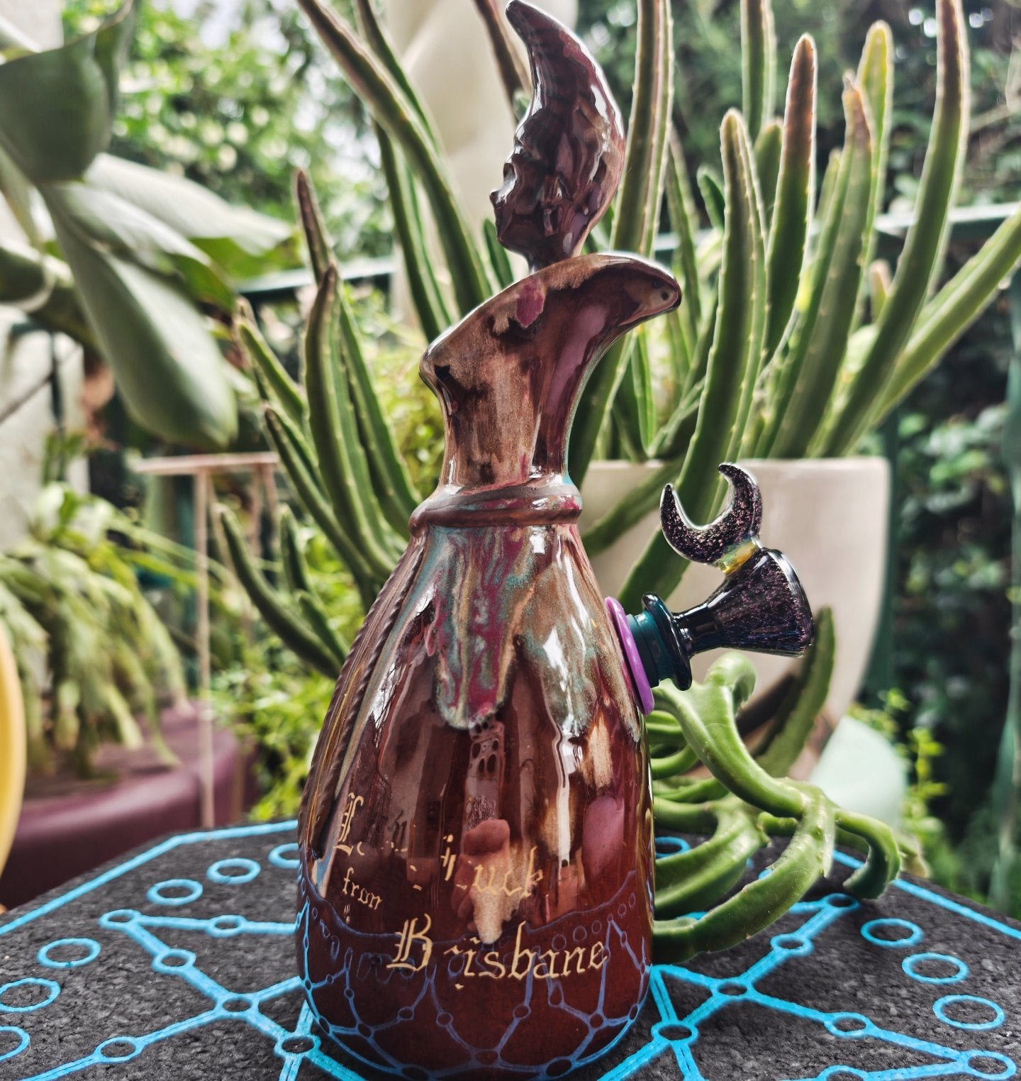 lady luck of brisbane ceramic bong with pink crescent moon bowl