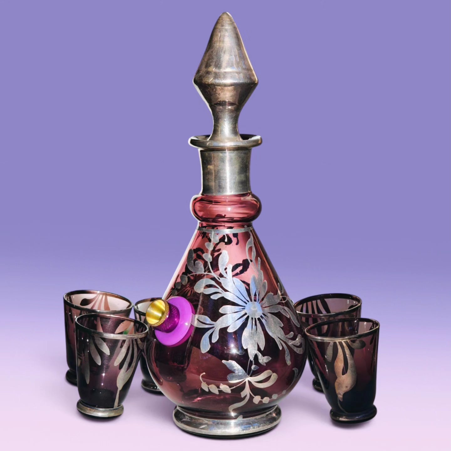 1970s italian 925 silver and amethyst glass decanter bong set with 6 matching shot glasses