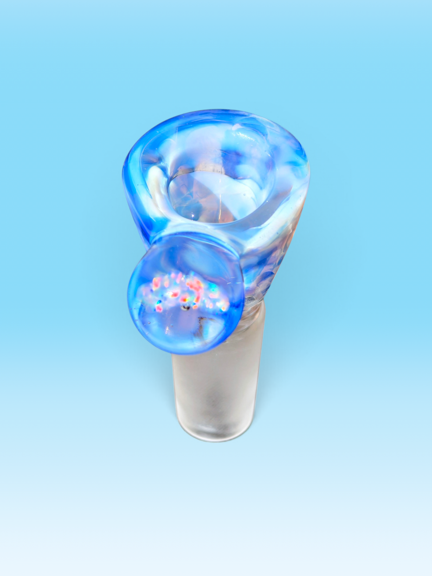 hand blown blue and white 14mm bowl with an australian shaped opal handle
