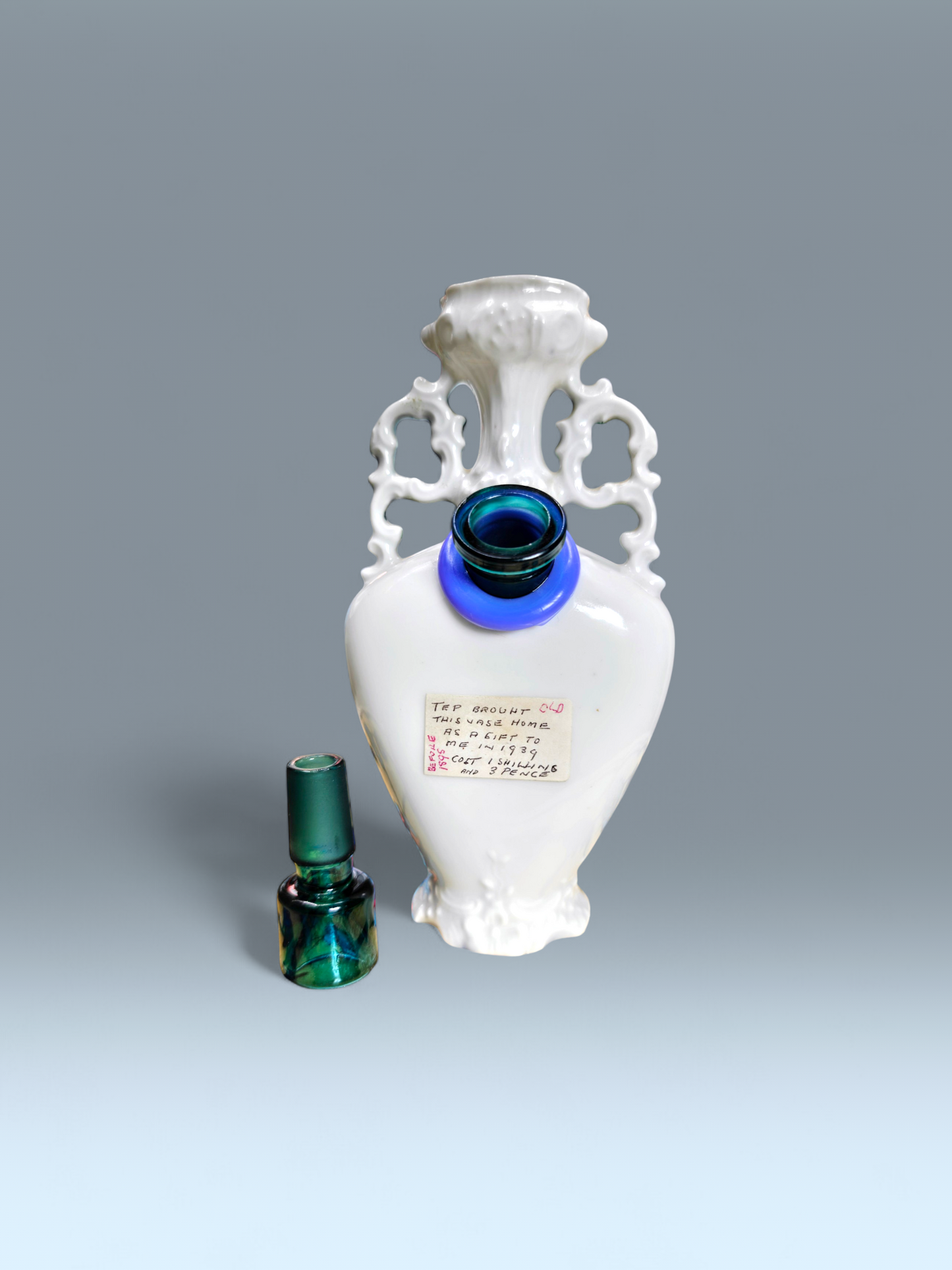 pre 1895 hand painted posy bong with character and unique letter