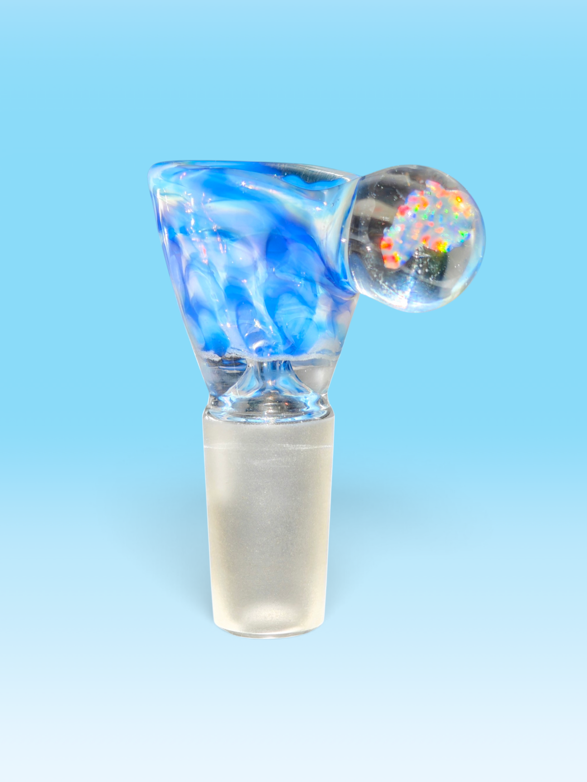 hand blown blue and white 14mm bowl with an australian shaped opal handle