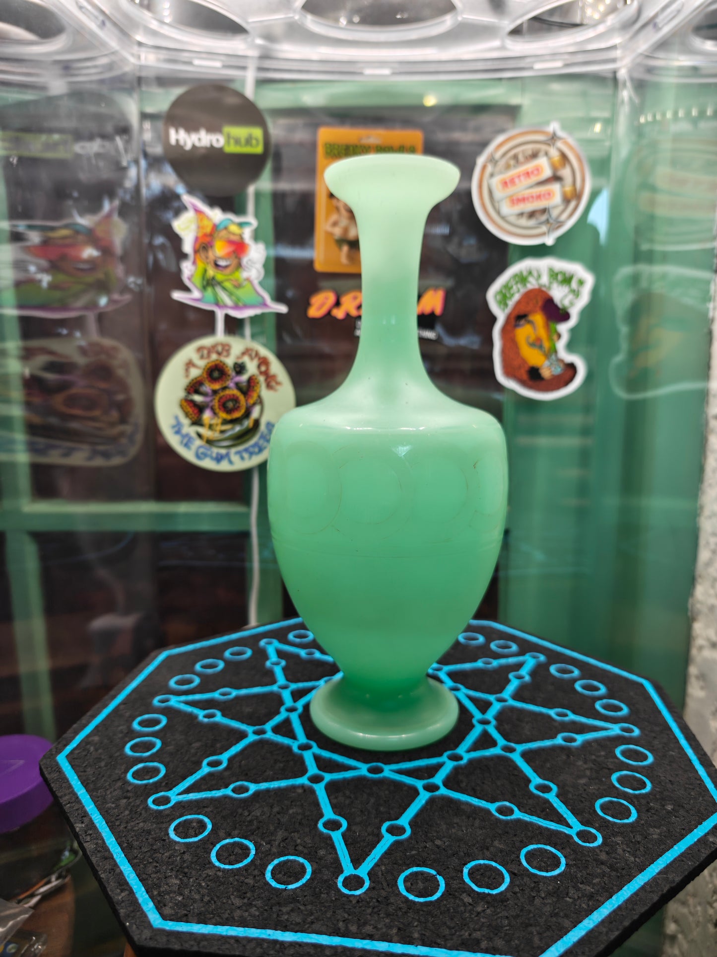 1890s french jadeite uranium glass bong with hand blown UV stem and bowl