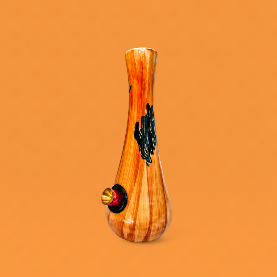vintage australian ceramic bud vase with indigenous depiction and wood effect glaze