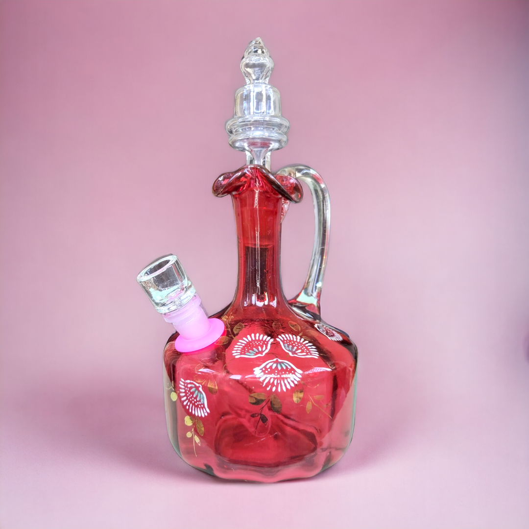 stunning antique deep pink ruby glass decanter with original stopper