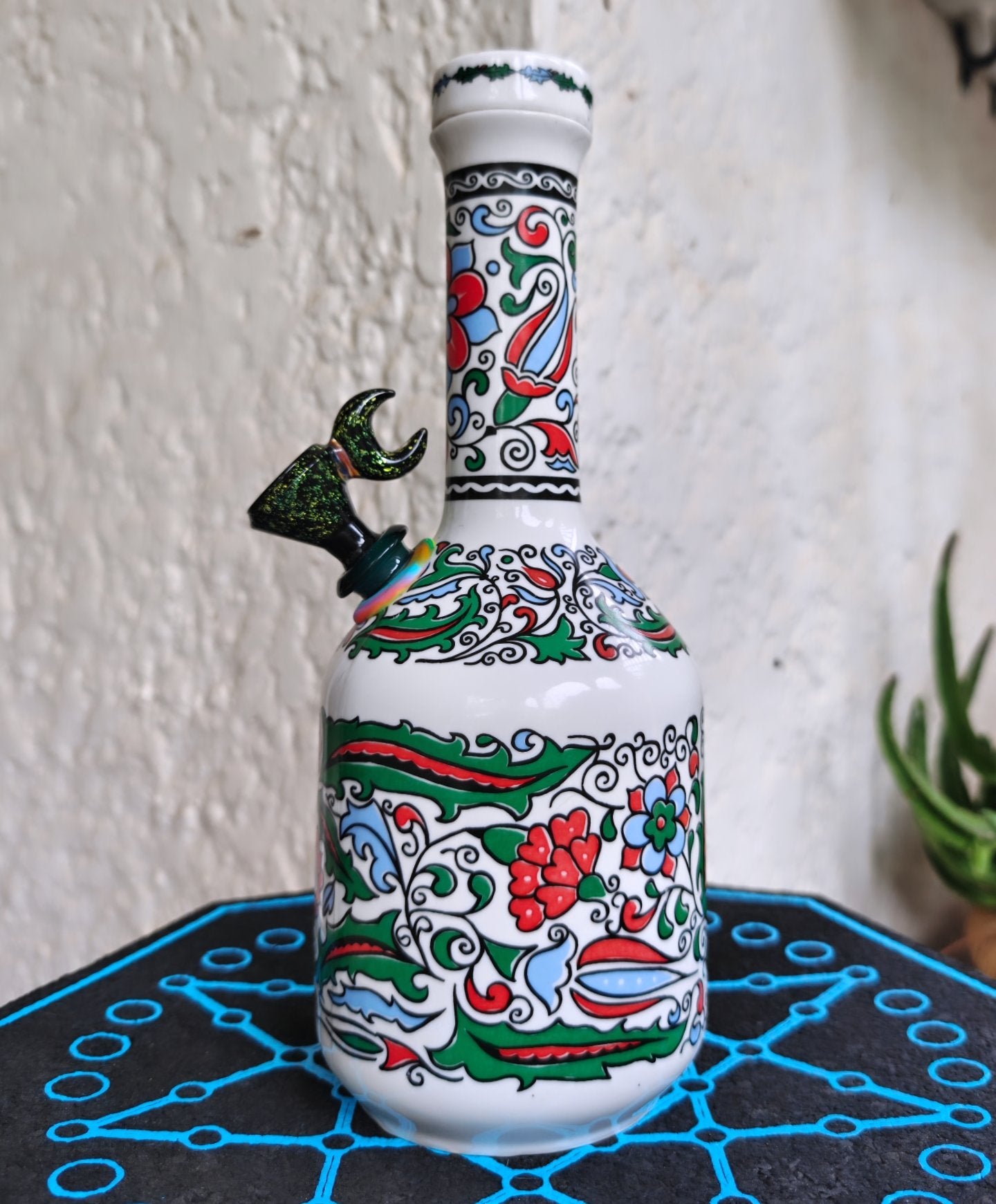 vintage greek hand painted metaxa decanter bong with glitter crescent moon coney