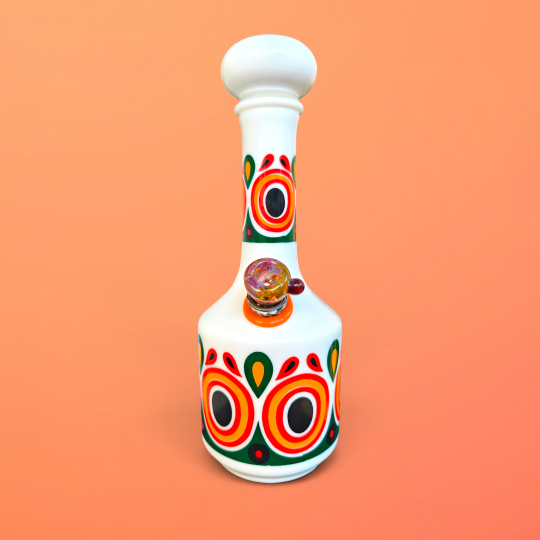 1970s milk glass decanter bong with retro pattern