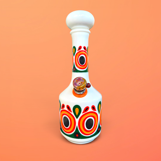 1970s milk glass decanter bong with retro pattern