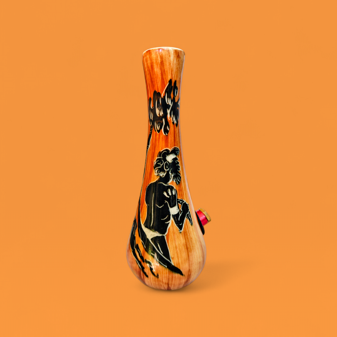 vintage australian ceramic bud vase with indigenous depiction and wood effect glaze