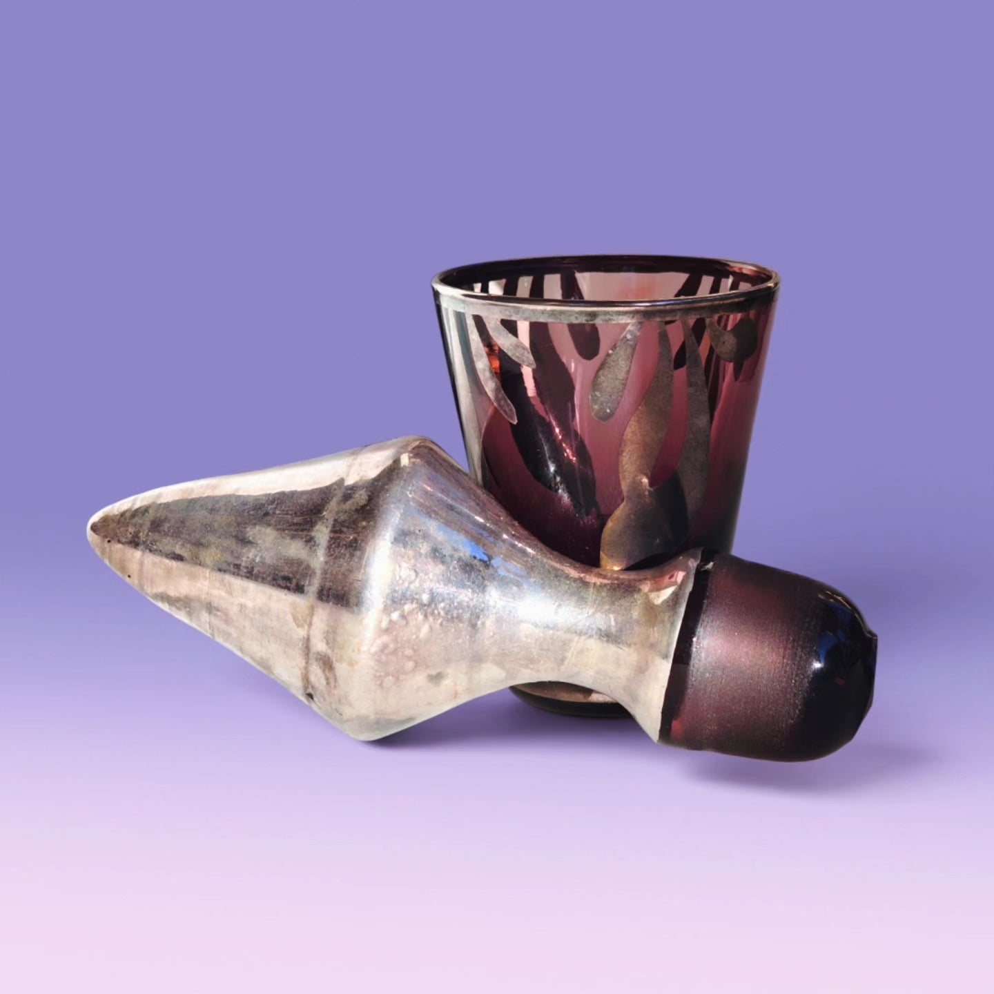 1970s italian 925 silver and amethyst glass decanter bong set with 6 matching shot glasses