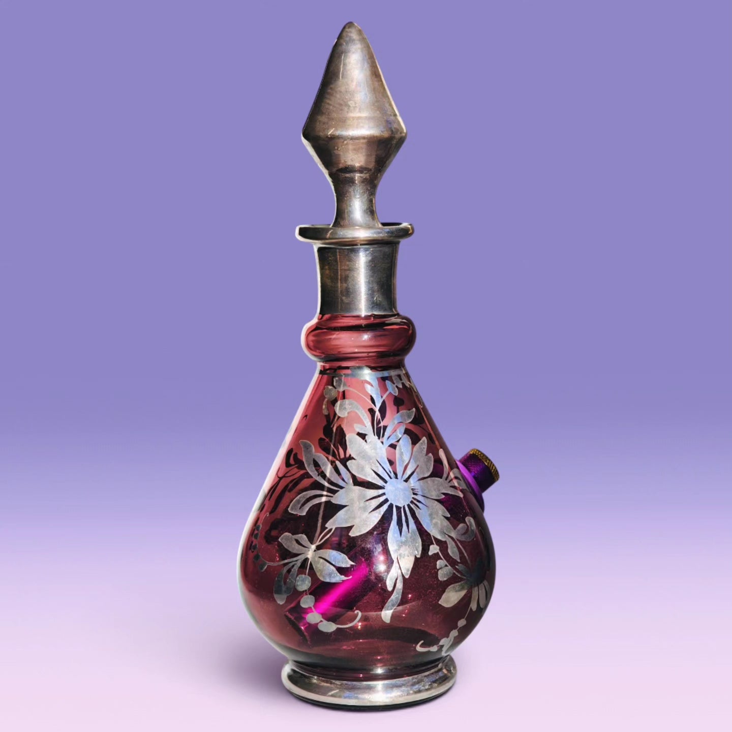 1970s italian 925 silver and amethyst glass decanter bong set with 6 matching shot glasses