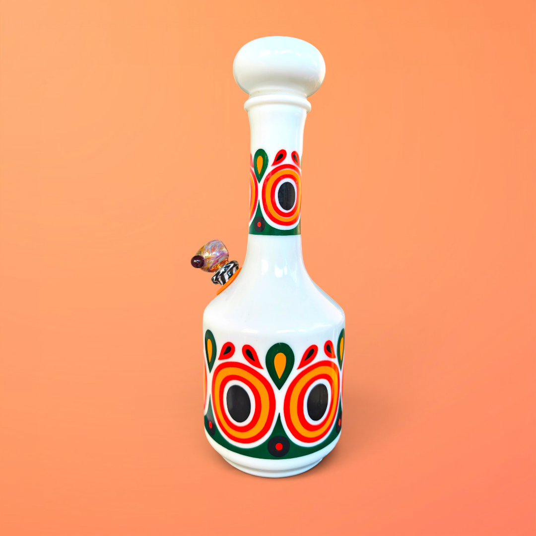 1970s milk glass decanter bong with retro pattern