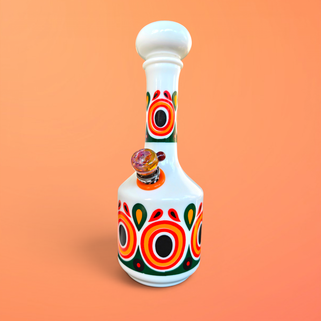 1970s milk glass decanter bong with retro pattern