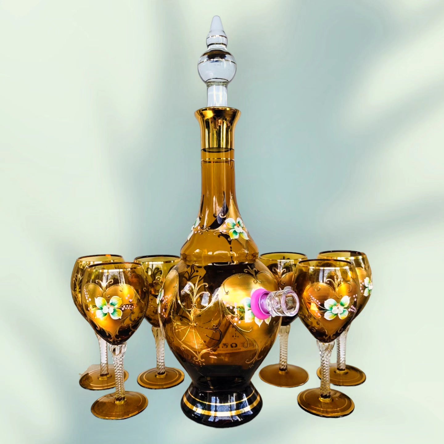 vintage amber glass decanter bong with 6 glasses and hand painted details