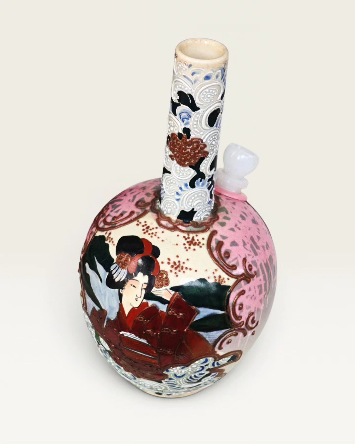 meji era japanese satsuma ceramic vase with heavy and extensive moriage bong