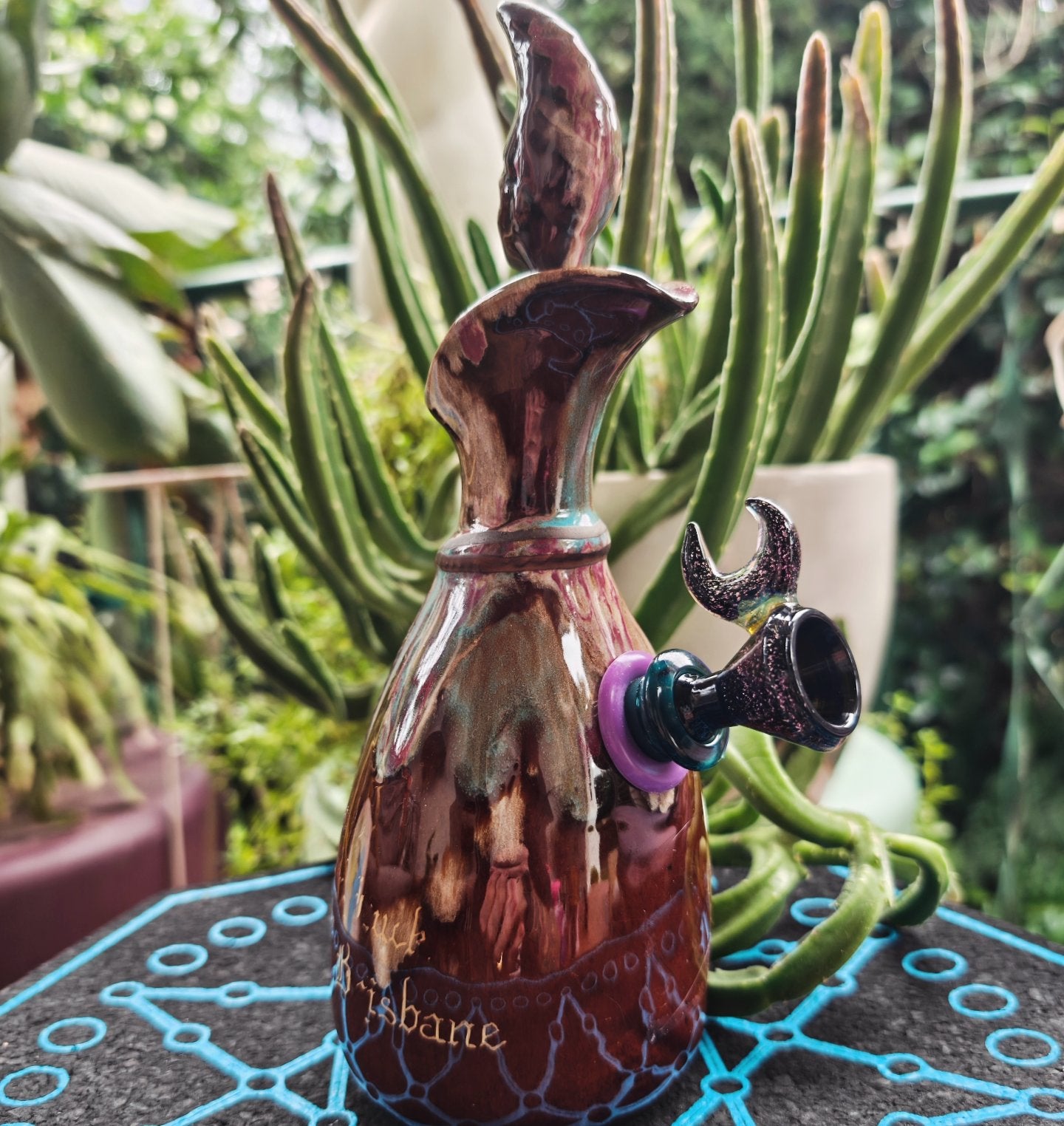 lady luck of brisbane ceramic bong with pink crescent moon bowl