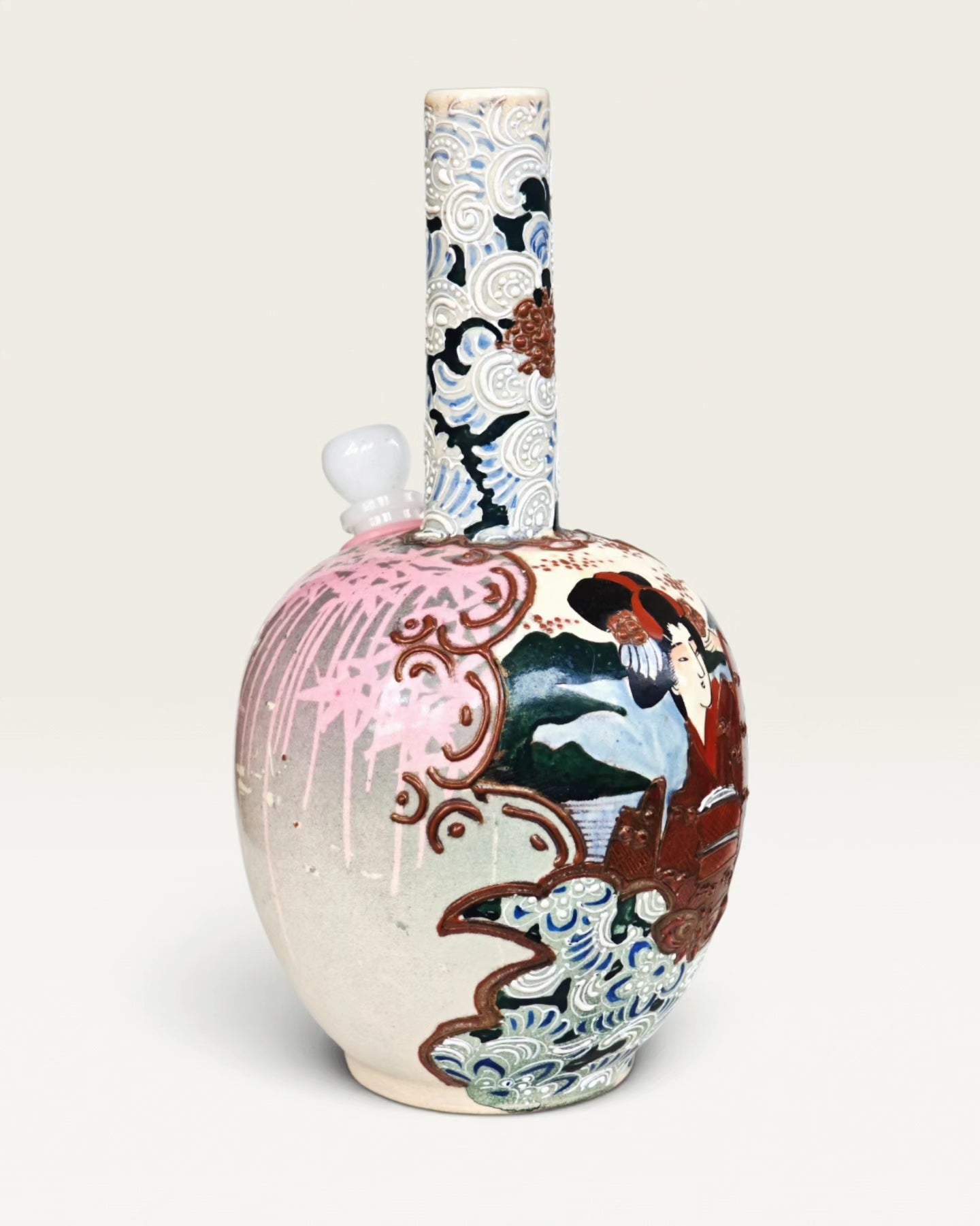 meji era japanese satsuma ceramic vase with heavy and extensive moriage bong