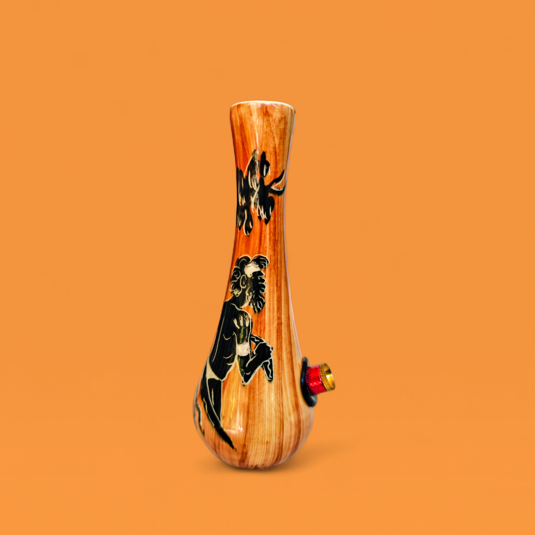vintage australian ceramic bud vase with indigenous depiction and wood effect glaze