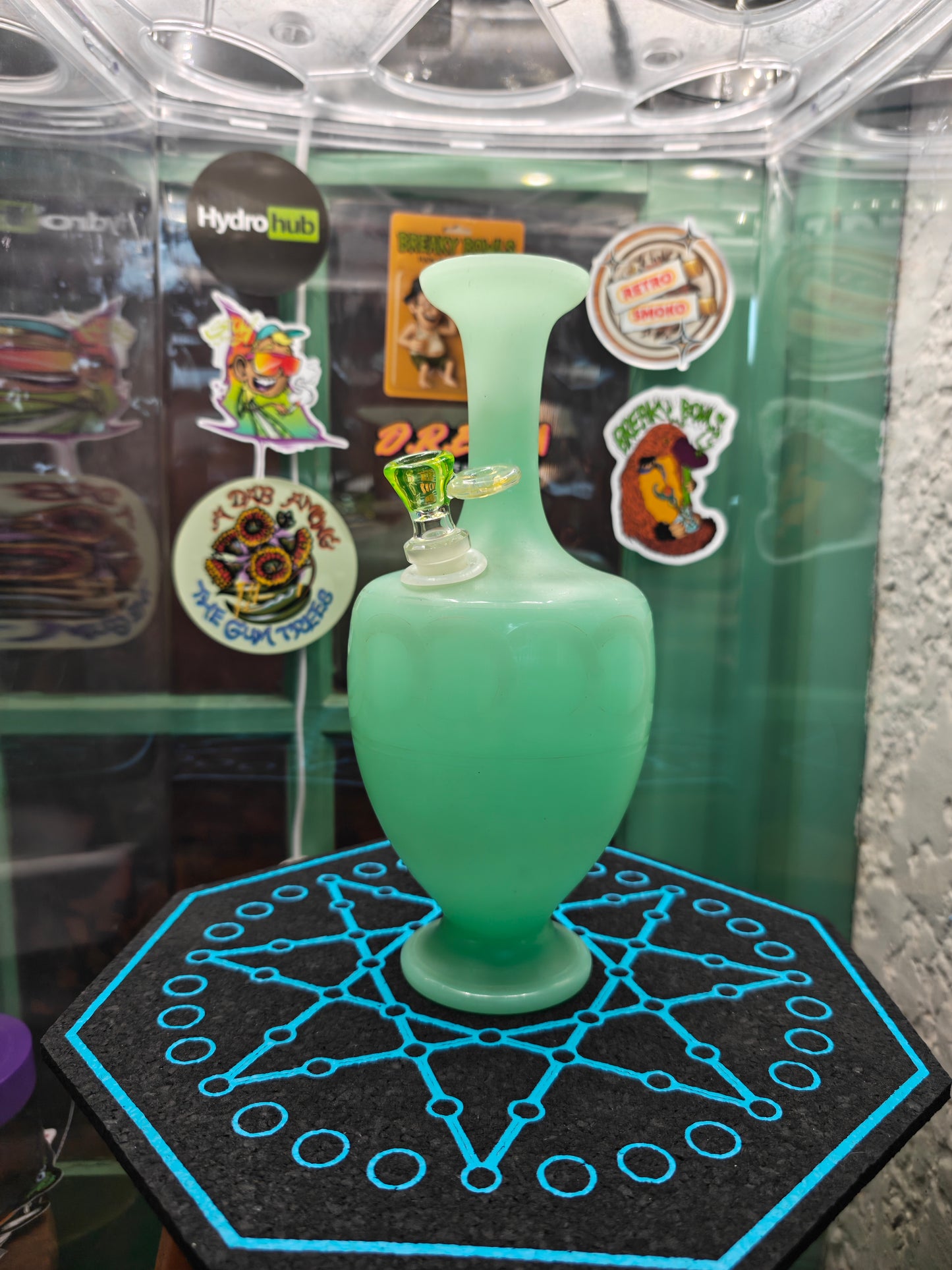 1890s french jadeite uranium glass bong with hand blown UV stem and bowl