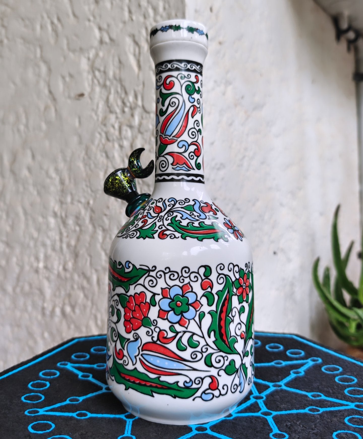 vintage greek hand painted metaxa decanter bong with glitter crescent moon coney