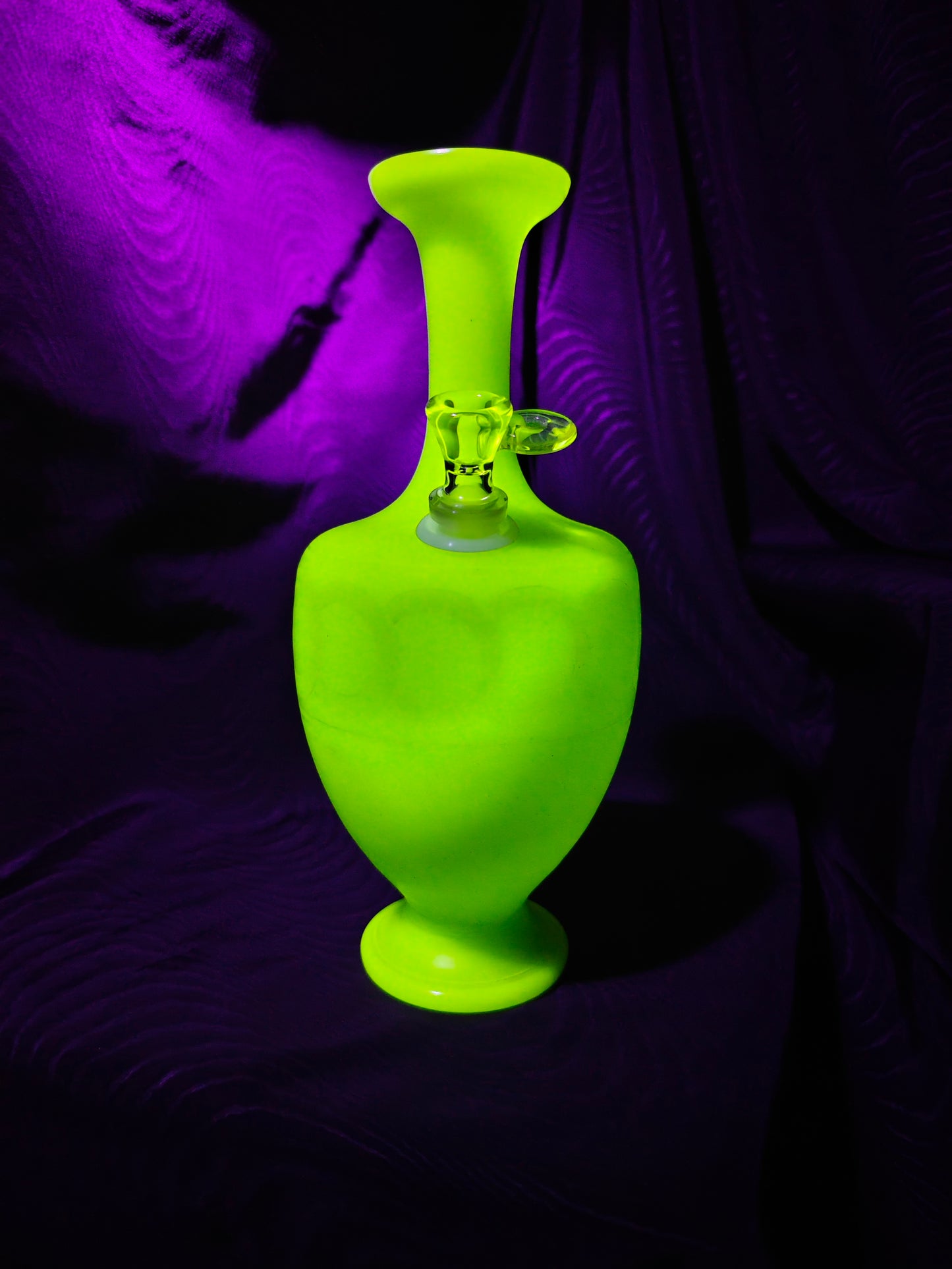 1890s french jadeite uranium glass bong with hand blown UV stem and bowl