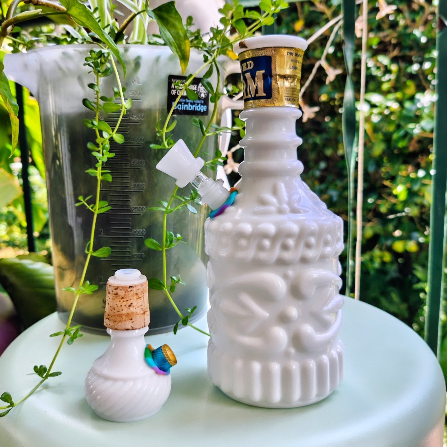 1970s regal beams milk glass decanter 2 in 1 bong