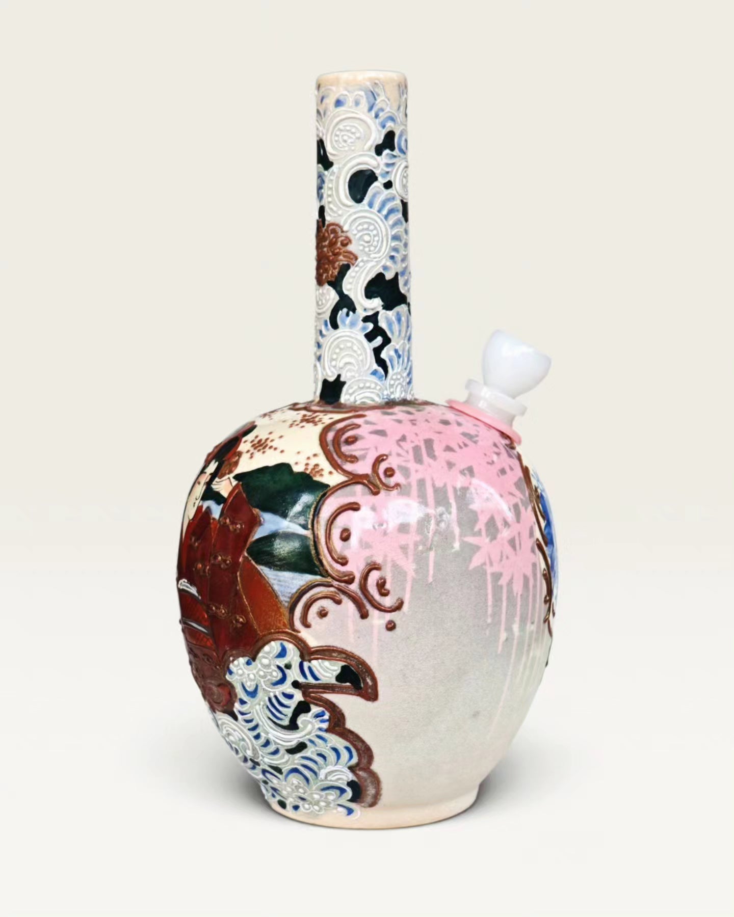meji era japanese satsuma ceramic vase with heavy and extensive moriage bong