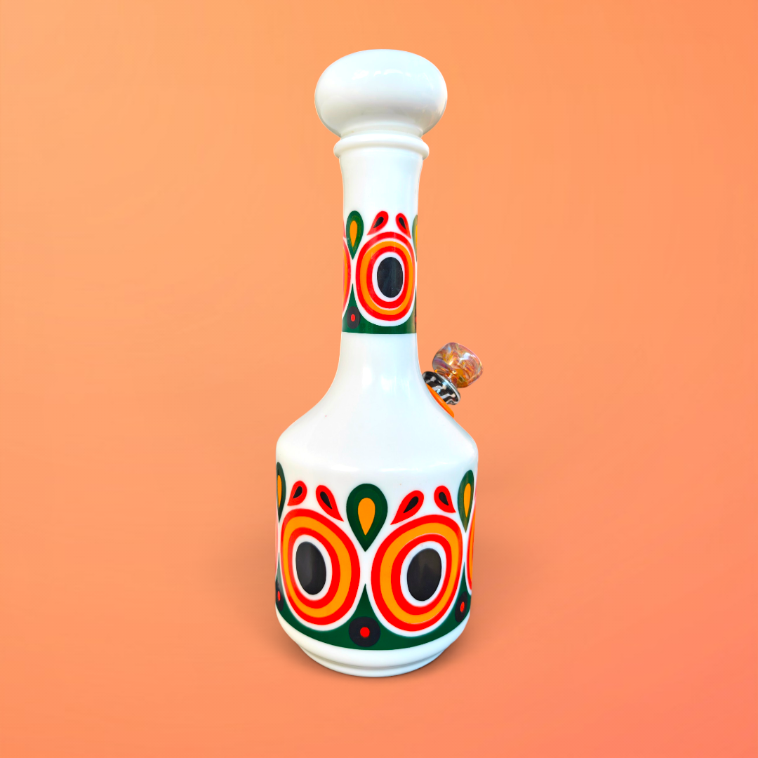 1970s milk glass decanter bong with retro pattern