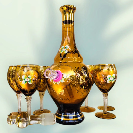 vintage amber glass decanter bong with 6 glasses and hand painted details