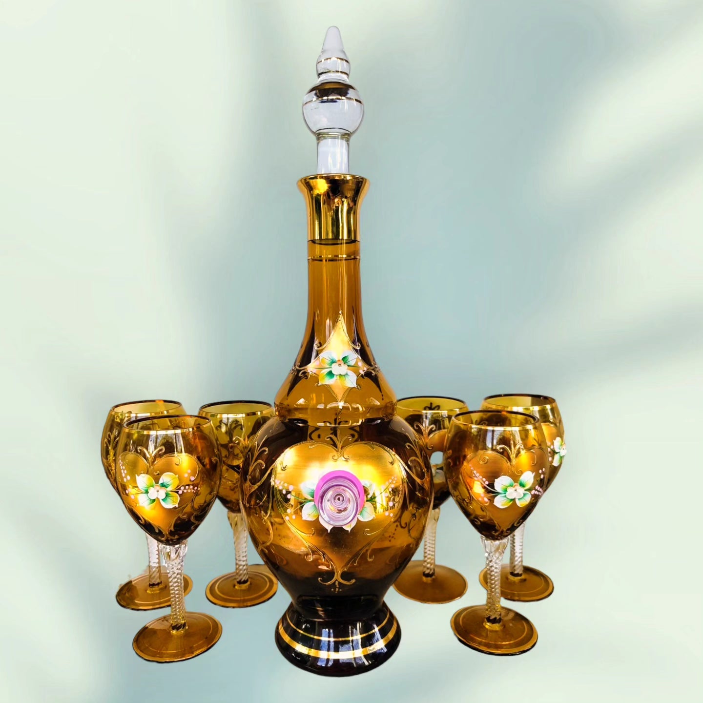 vintage amber glass decanter bong with 6 glasses and hand painted details