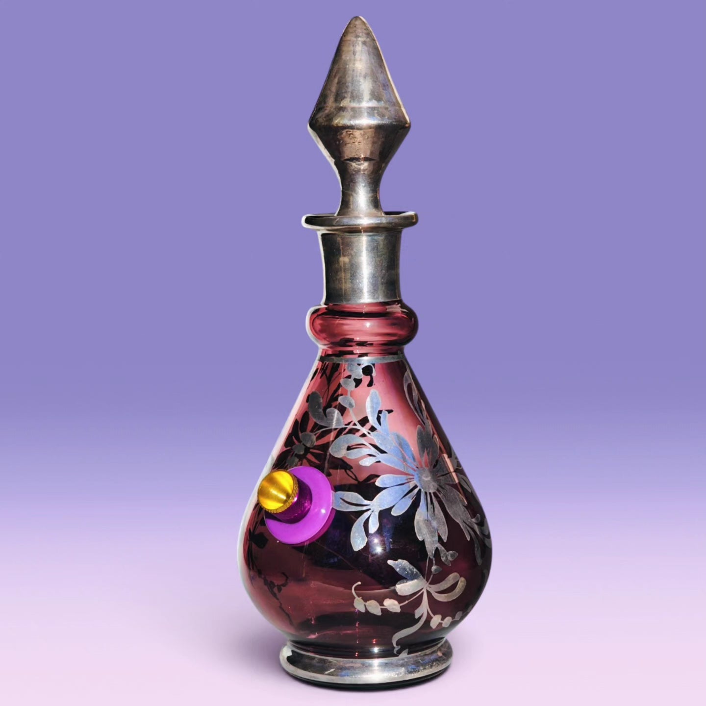 1970s italian 925 silver and amethyst glass decanter bong set with 6 matching shot glasses