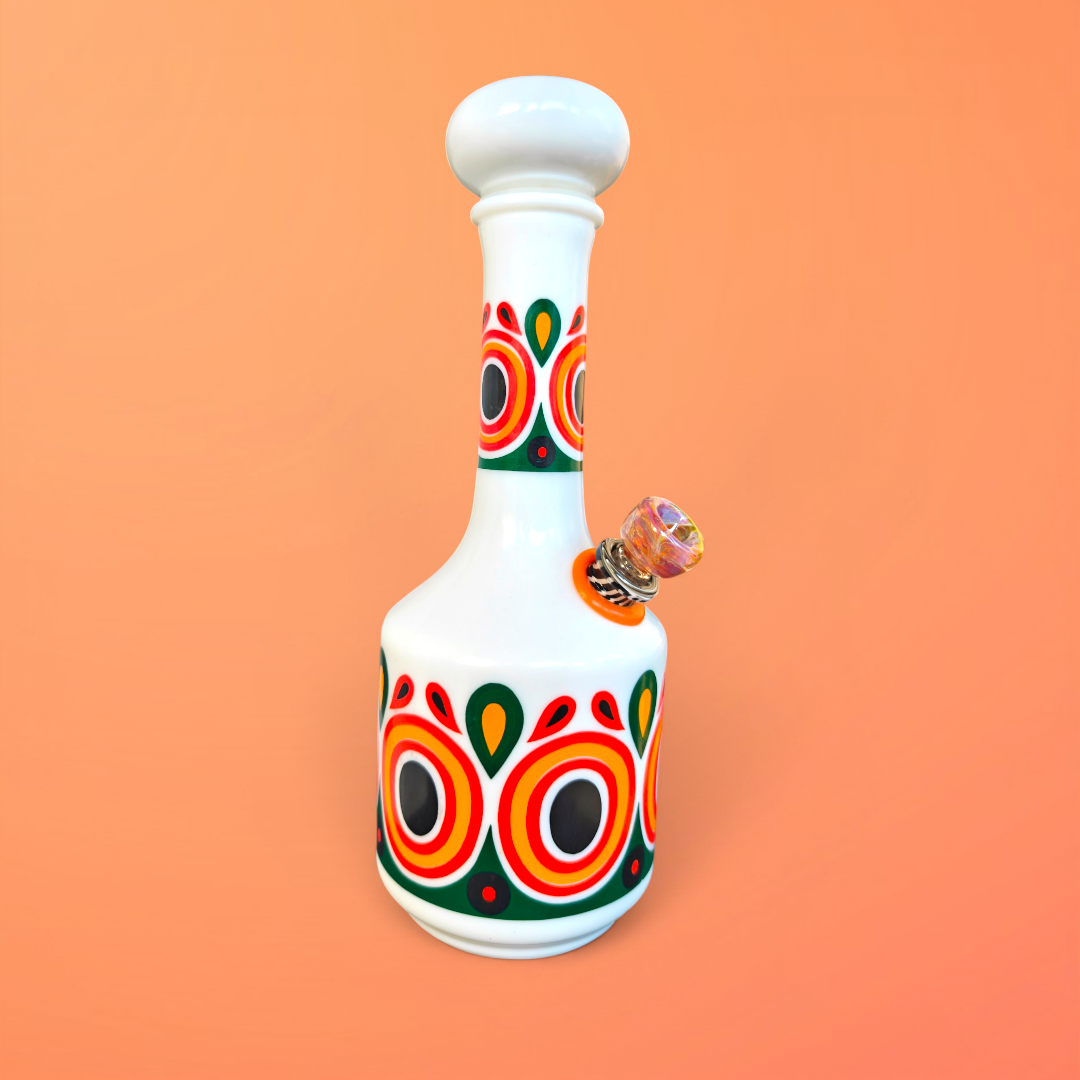1970s milk glass decanter bong with retro pattern