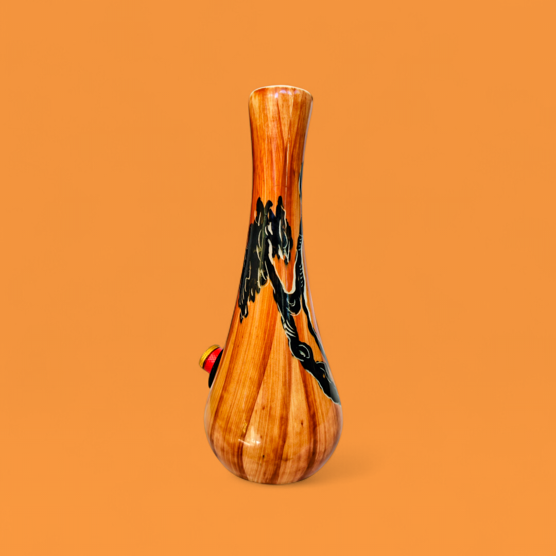 vintage australian ceramic bud vase with indigenous depiction and wood effect glaze