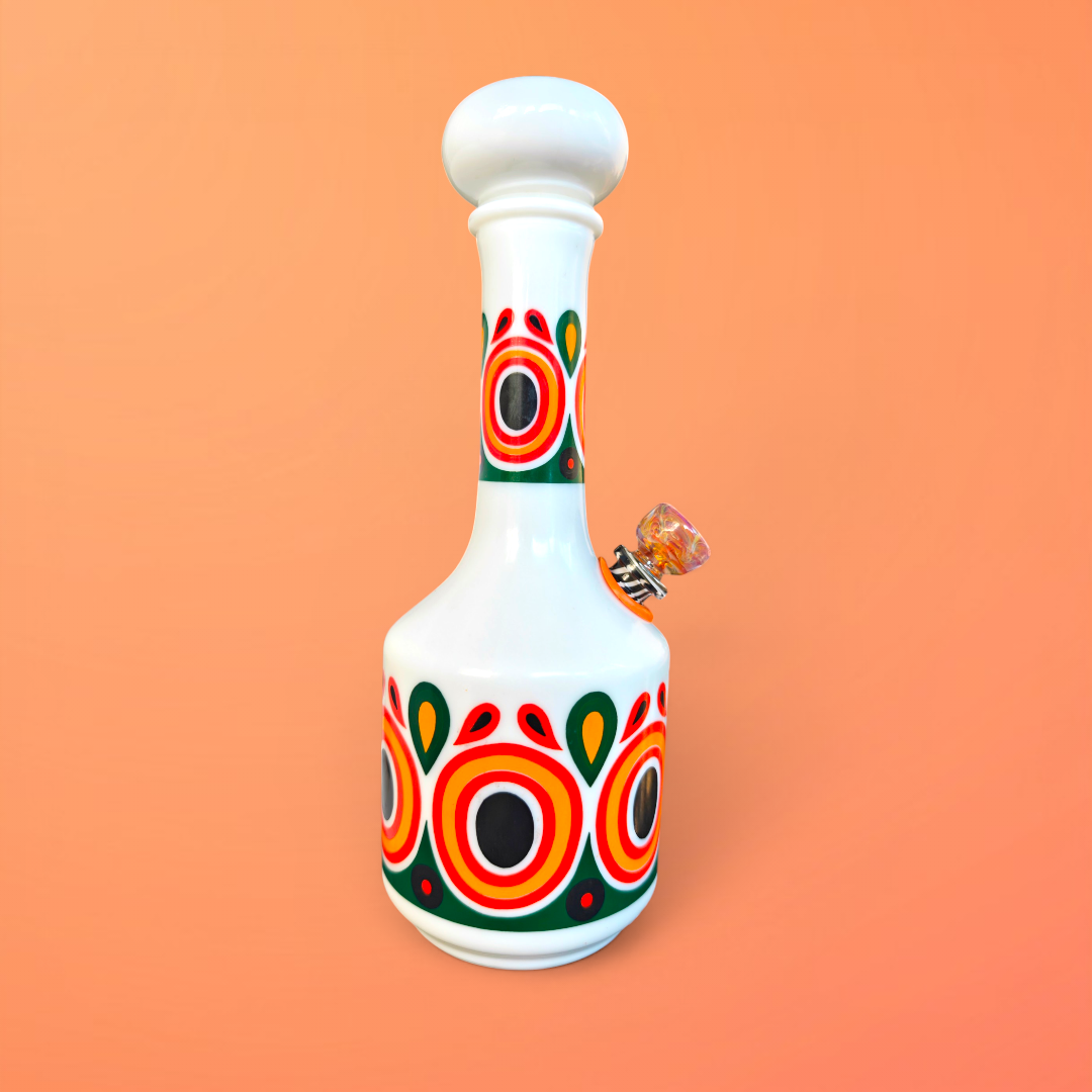 1970s milk glass decanter bong with retro pattern
