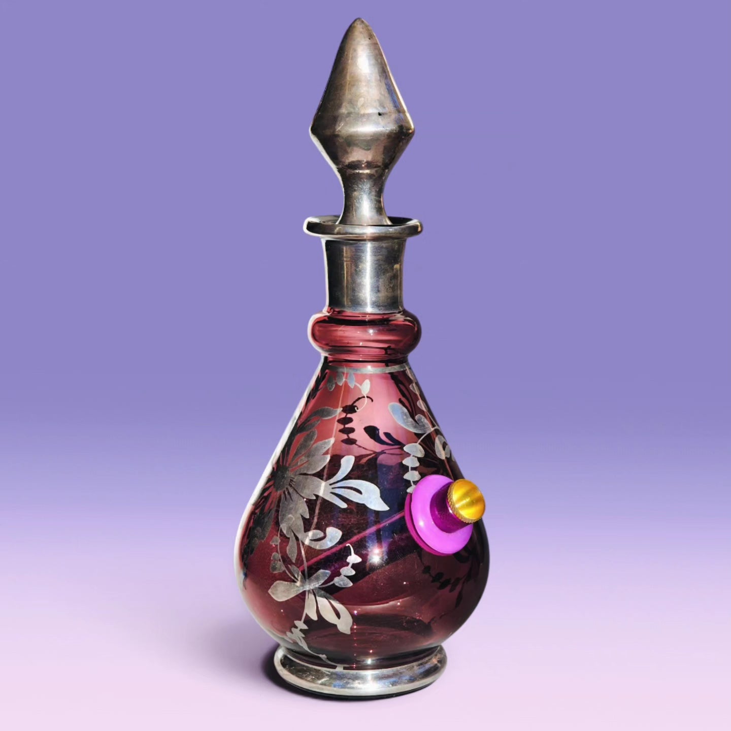 1970s italian 925 silver and amethyst glass decanter bong set with 6 matching shot glasses