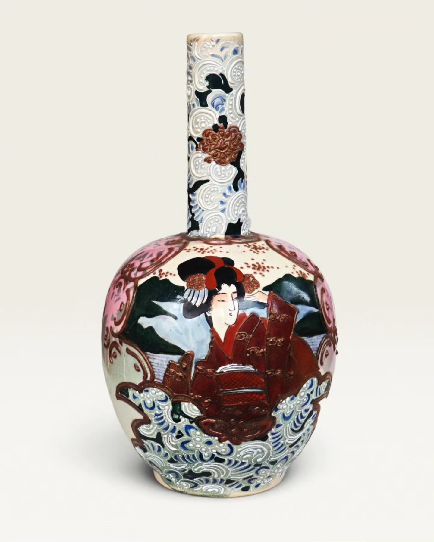 meji era japanese satsuma ceramic vase with heavy and extensive moriage bong