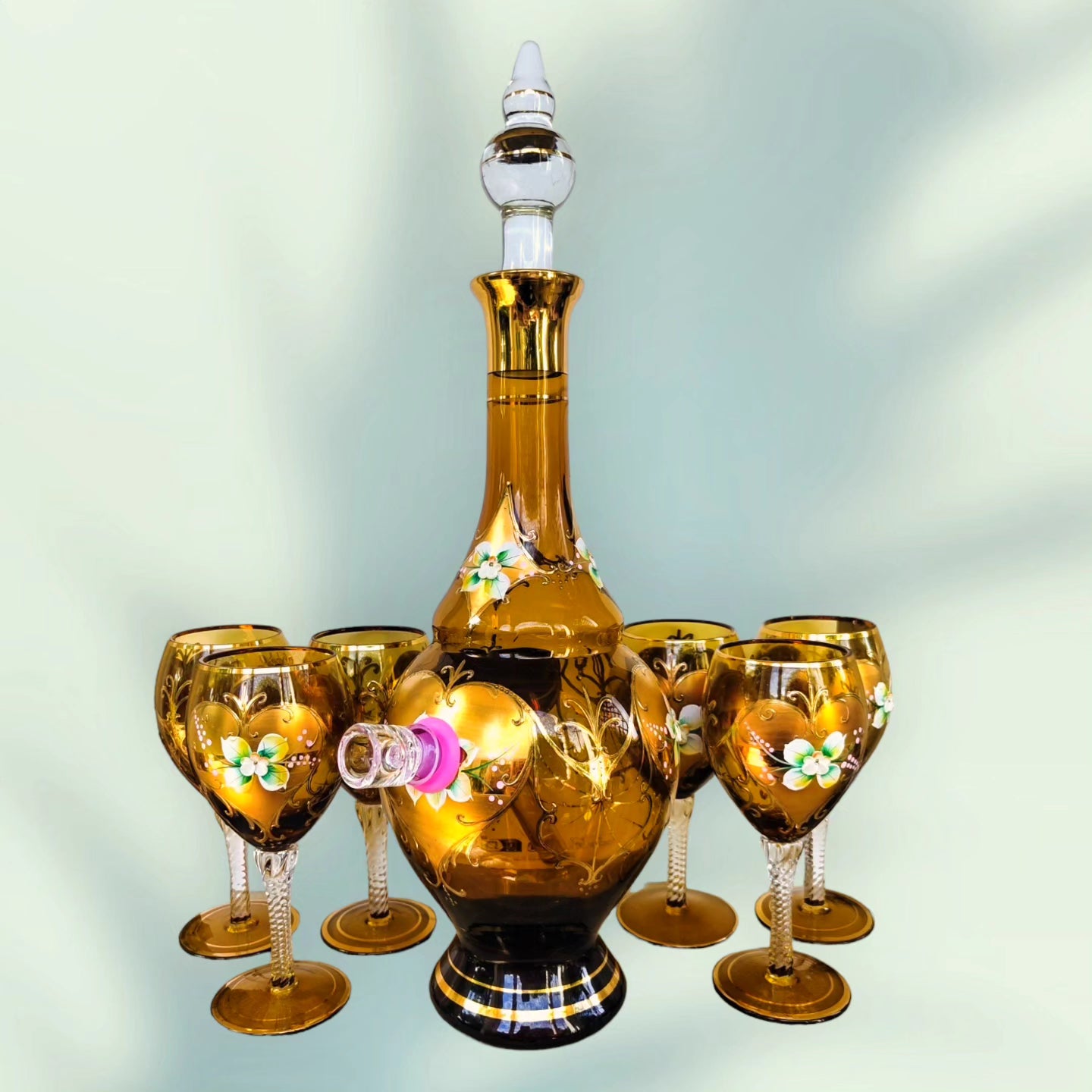 vintage amber glass decanter bong with 6 glasses and hand painted details