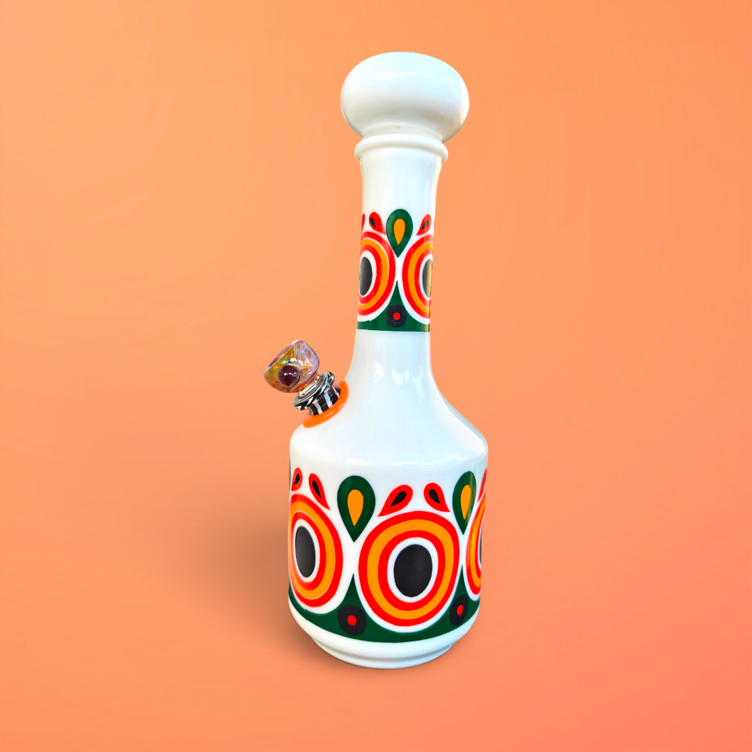 1970s milk glass decanter bong with retro pattern