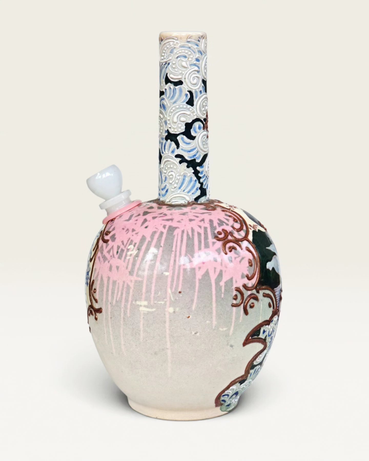 meji era japanese satsuma ceramic vase with heavy and extensive moriage bong
