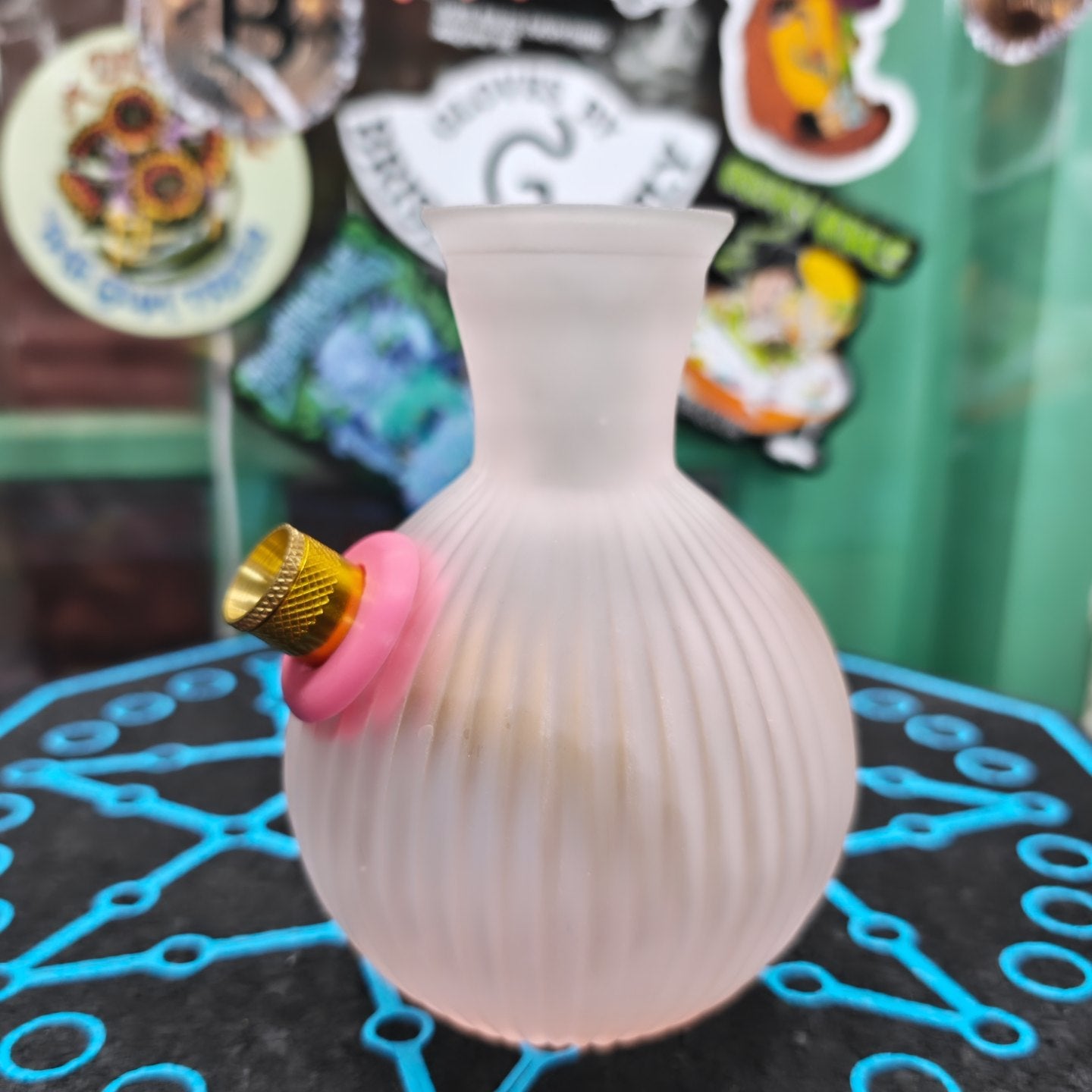 antique fluted pastel pink squat vase bong in frosted glass