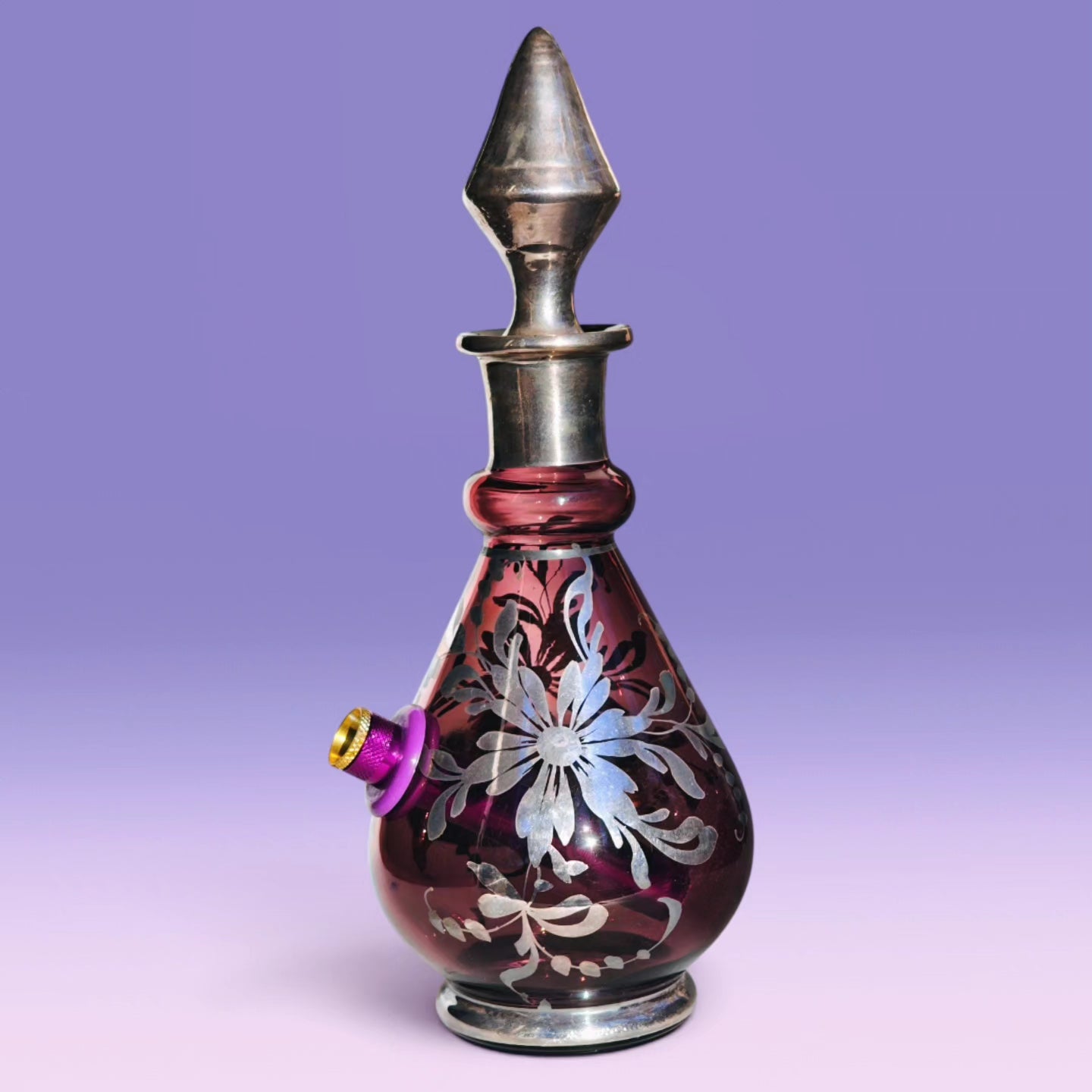 1970s italian 925 silver and amethyst glass decanter bong set with 6 matching shot glasses