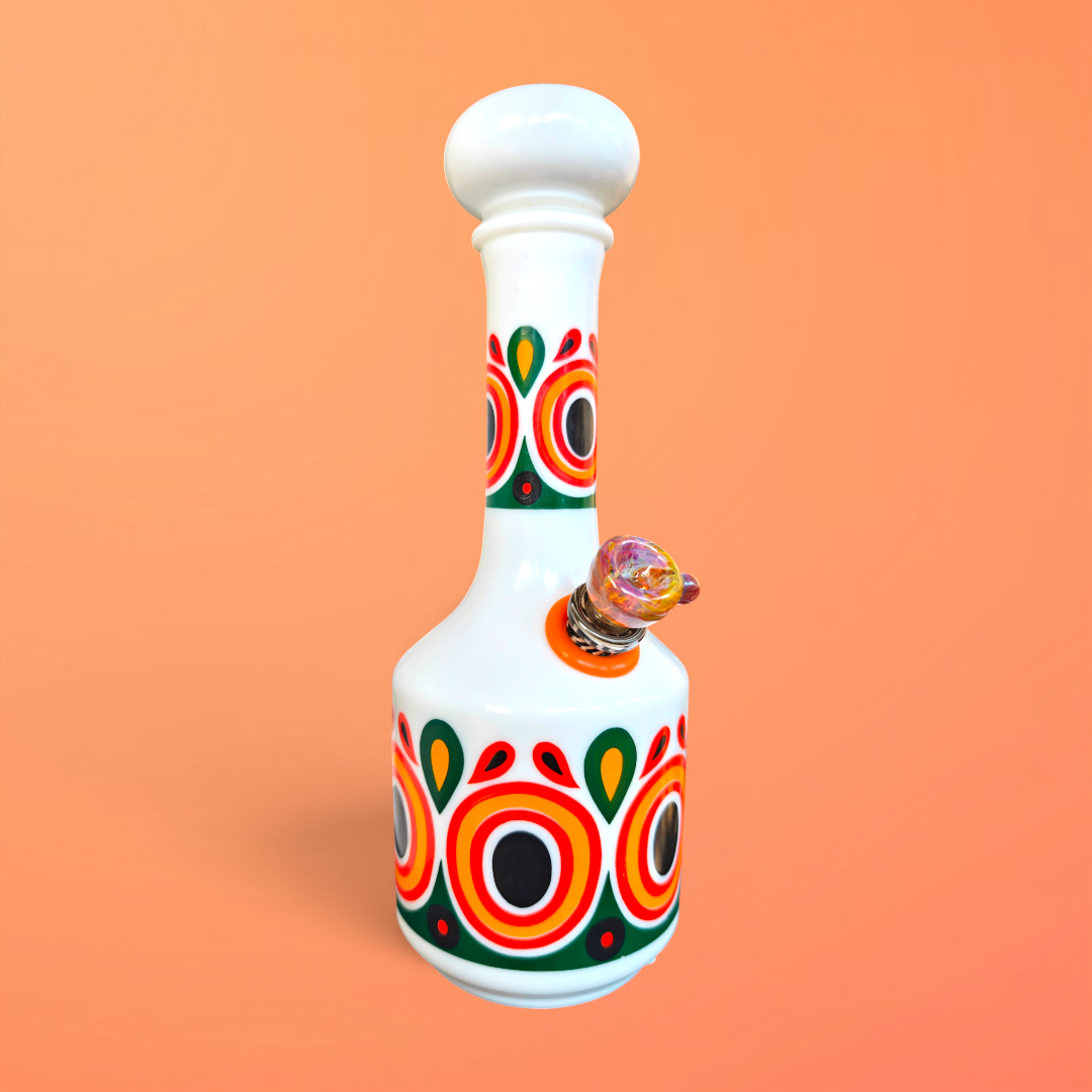 1970s milk glass decanter bong with retro pattern